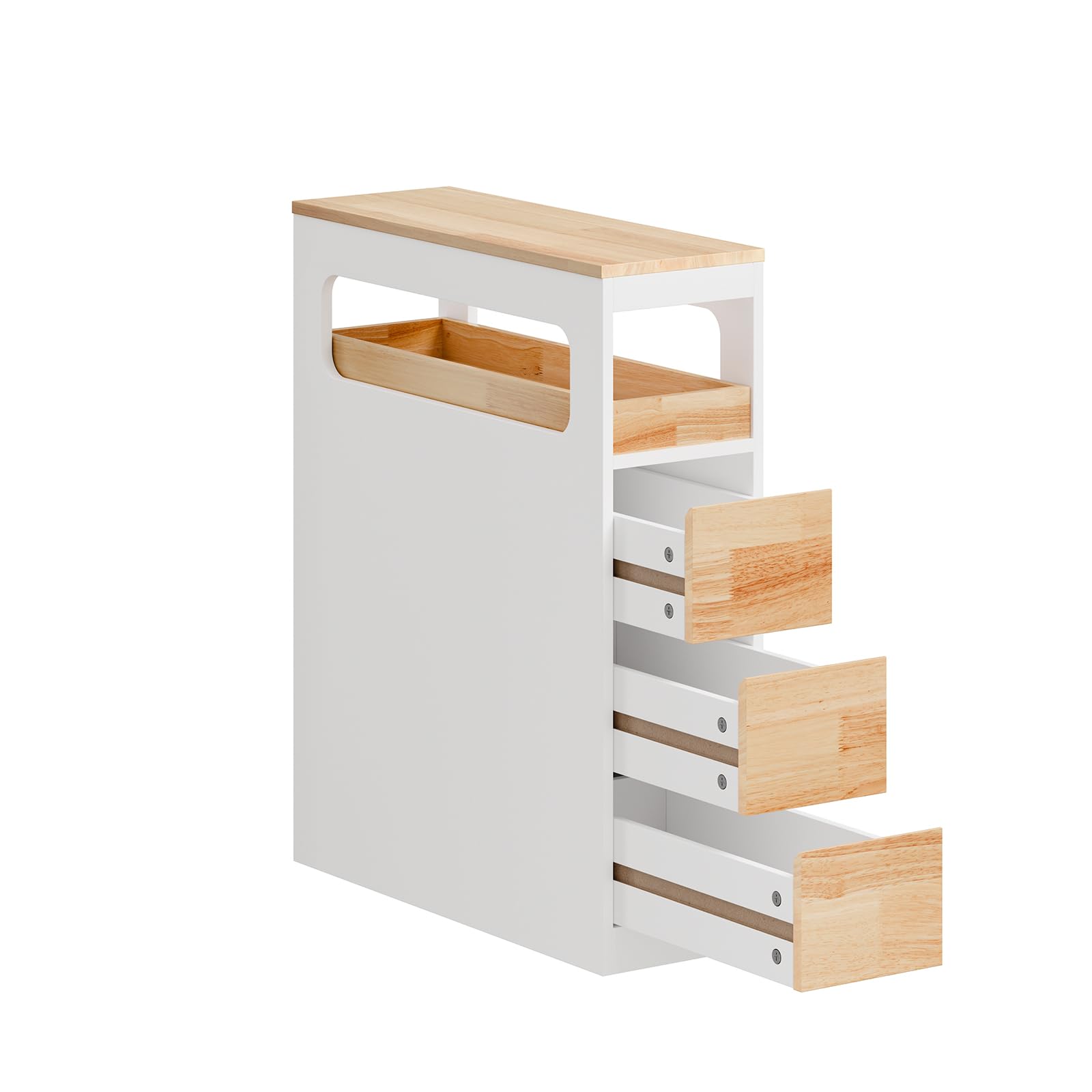 SoBuy Mobiletto Bagno Salvaspazio Cassettiera Bagno Stretto 3 Cassetti con Ruote per Angoli e Nicchie per Piccoli Spazi e Famiglie, Bianco e Color Legno 65x23x82cm BZR54-III-WN