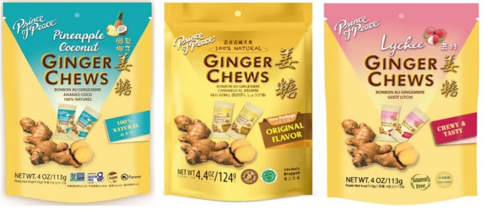 Prince of Peace - Paquete variado de 3 sabores masticables de jengibre, 4 onzas cada uno, piña, coco, original y lichi, 100% natural, sin gluten