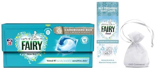 Fairy Non Bio Pods, Laundry Washing Capsules for Sensitive Skin, 28Pods + Fairy Fresh in Wash Scent Booster Beads, Almond Milk & Manuka Honey Scent, 176gr + Our Gift for You:Organza Bag Size:9x7x0.1cm