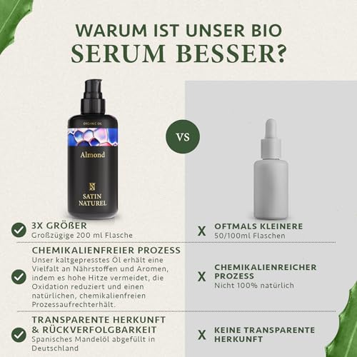 Foto von Satin Naturel BIO Mandelöl kaltgepresst 200ml – 100% natürliches Süßes Öl – Haaröl, Massageöl, Babyöl, Gesichtsöl & Körperöl – Ideal zur Babypflege – Bio Öl