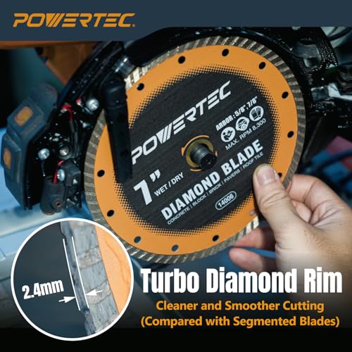 Image of POWERTEC 7 inch Turbo Diamond Saw Blade for Wet Tile Saw, Diamond Blade for Cutting Concrete, Granite, Brick, Paver, Roofing Tile, 7 inch Diamond Blades for Wet /Dry Cutting, 1 Pack (14006)