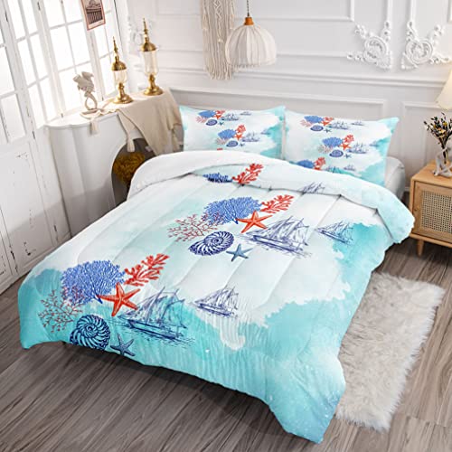 Blue Ocean Comforter Set for Kids and Adults, Twin Size Coral Seashell