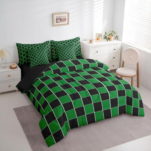 Image of Erosebridal Plaid Full Bed in A Bag 7 Piece Green Black Checkerboard Comforter Set with Sheets Geometric Checkered Bedding Sets for Kids Adults,Aesthetic Grids Bed Set