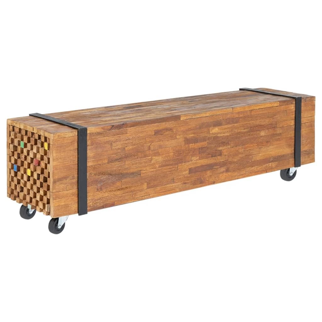 TV-Schrank 110x30x32,5 cm Massivholz Teak, Industrial Design, mit Rollen, Wohnzimmer TV-Tisch, Medienkonsole für Unterhaltung