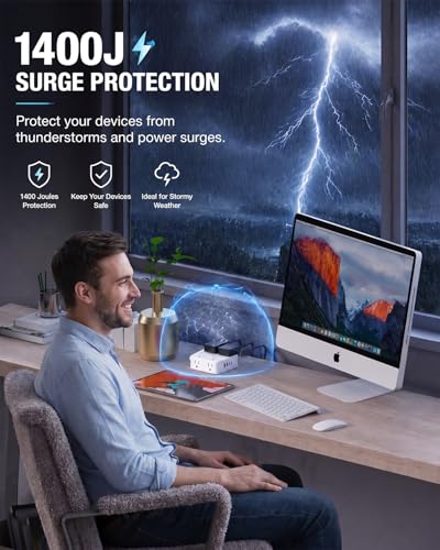 Regleta Extensión Wrxdmc QP860-CU W 5FT con 8 tomas y 4 puertos USB, Protector contra sobretensiones 1400J, Cable plano de 1.52 m, Enchufe plano polarizado tipo A, Montable en pared miniatura 5