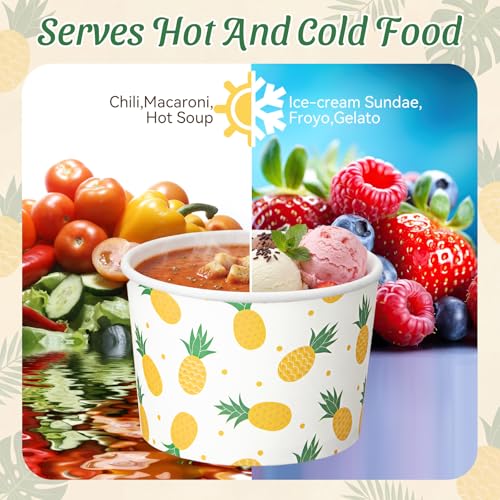 Image of Funnymoom 50 Pack Pineapple Ice Cream Cups 9 oz Yellow Pineapple Disposable Dessert Bowls Fruit Paper Soup Bowl Snack Cup for Hot or Cold Food for Summer Hawaiian Luau Theme Baby Shower Birthday Party