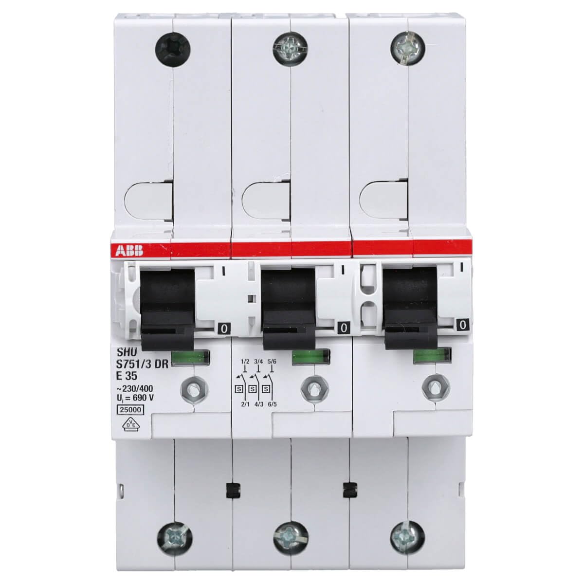 ABB S751/3DR-E35 SLS-Schalter 35A 3-polig selektiver Haupt-Sicherungsautomat E-Charakteristik 25kA Hutschiene S750DR-Serie