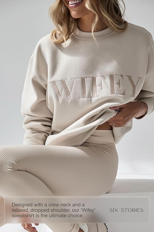 Six Stories | Oversized Wifey Statement Sweatshirt for Newlywed Bride | Soft & Cozy Embroidered Champagne Crewneck Sweater - Image 4
