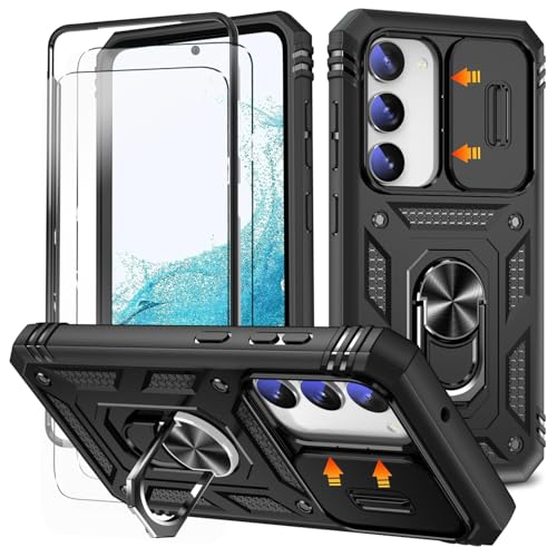 for Samsung S23 Plus Case with Camera Cover Slider 2*Screen Protectors Build in 360Rotating Ring Kickstand Military Grade Protective Case for Samsung Galaxy S23 Plus 6.6-Black