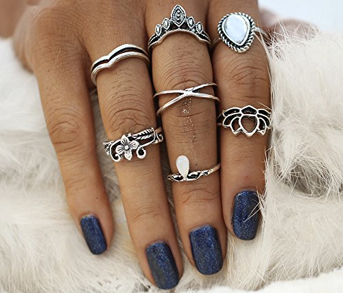 Set of 7 Boho Midi Finger Ring (Oxidised)