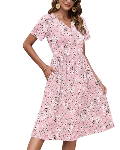 AUSELILY Damen Kurzarm Sommerkeider Knielange Sommer Kleider V-Ausschnitt mit Knöpfen Empire Midikleid mit Taschen Blumenrosa M 4