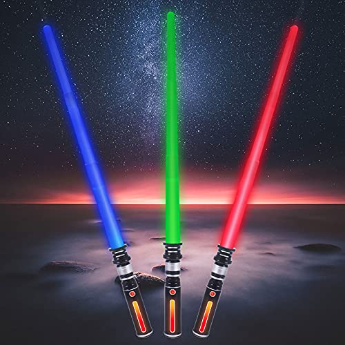 Light Up Saber, 3 Packs 3 Colors LED Light Sword with Sound (Motion Sensitive), Extendable and Realistic Handle, FX Light up Saber for Christmas, War Fighter Warriors, Halloween Party, Xmas Presents