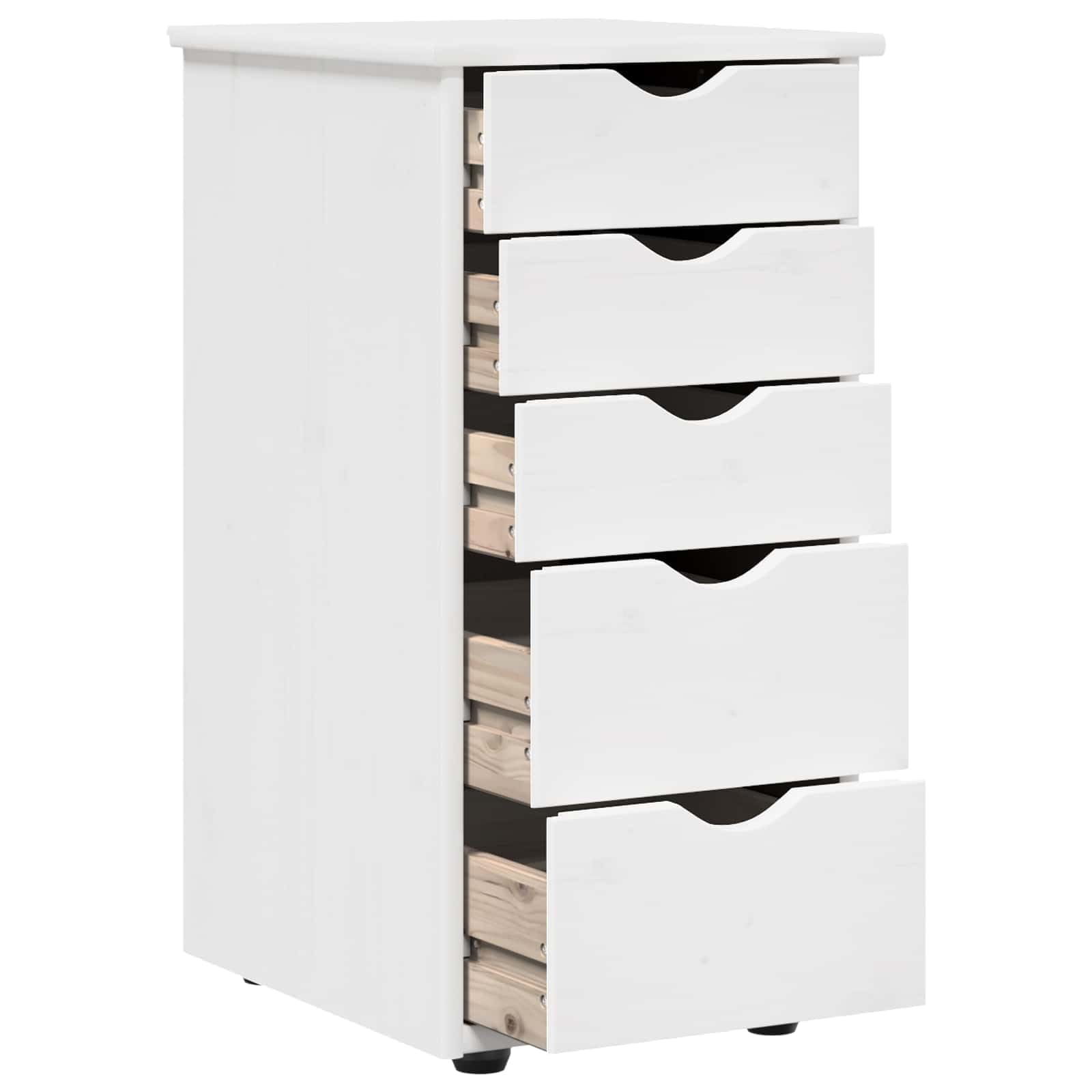 Schrank Weiß aus Massivholz Kiefer 34 x 39 x 61,5 cm mit 5 Schubladen, Aufbewahrungsschrank für Wohnzimmer Schlafzimmer und Büro, Flexibler Mehrzweckschrank mit Stauraum und Rollen
