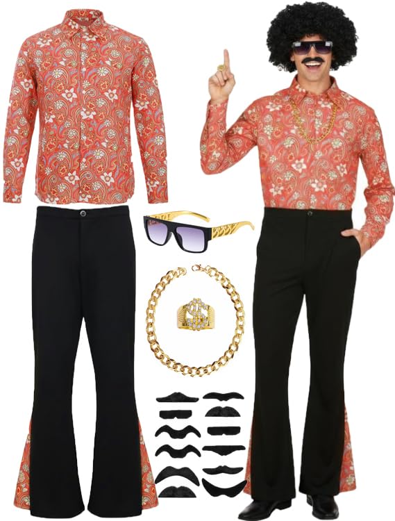 Disfraz de discoteca de los 70 para hombre, conjunto con camisa y pantalones acampanados, accesorios, disfraz de los años 70 para adultos, disfraz hippie para Halloween carnaval fiesta (Color 2, L)