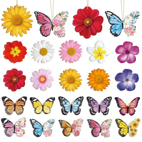 40 Pcs Spring Flower Butterfly Ornaments Decoration 20 Styles Wood Flower Butterfly Cutouts Ornament for Home Crafts Hanging Summer Birthday Wedding Party Decorations