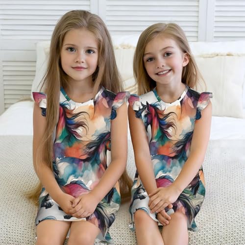 Augenstern Flutter Sleeve Nightgown Watercolor-Colorful-Horse Soft Sleepwear Nightdress4