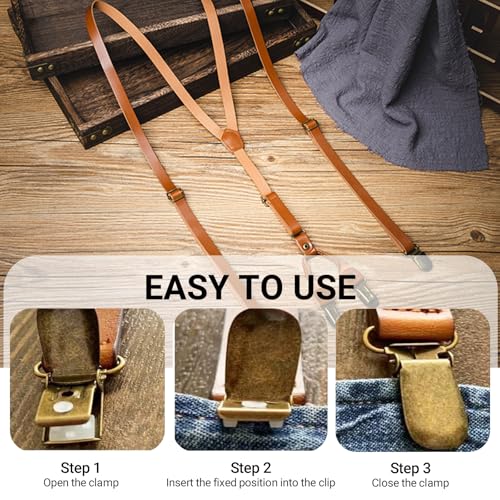 Image of Leather Suspenders for Men Y Back Design Adjustable Suspender with 4 Metal Clips Groomsmen Gift Wedding Brown