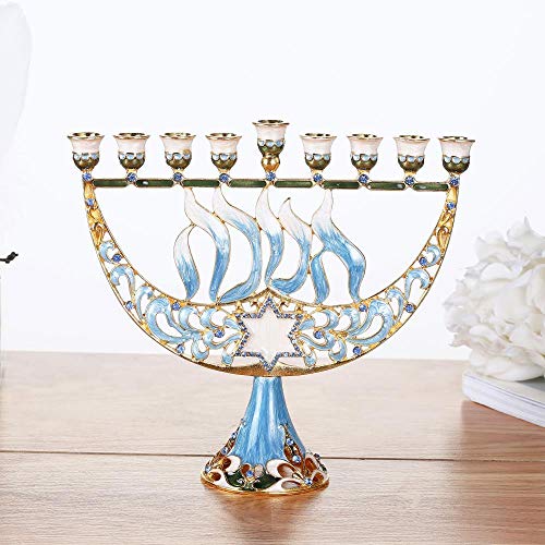 Hand Painted Blue Enamel Menorah Candelabra With A Star Of David And Hanukkah Design #TOP5