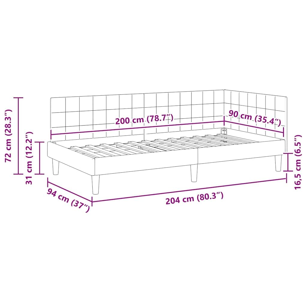 vidaXL Rama łóżka narożnego Z zagłówkiem Czarny 90 cm x 200 cm Aksamit