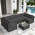 Oakcloud 7-Piece Outdoor Patio Furniture Sofa Set Black Rattan Wicker Sectional Conversation Sets with Glass Top Table and Cushions(Grey)