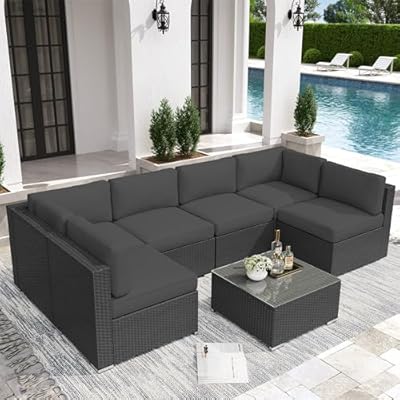 Oakcloud 7-Piece Outdoor Patio Furniture Sofa Set Black Rattan Wicker Sectional Conversation Sets with Glass Top Table and Cushions(Grey)