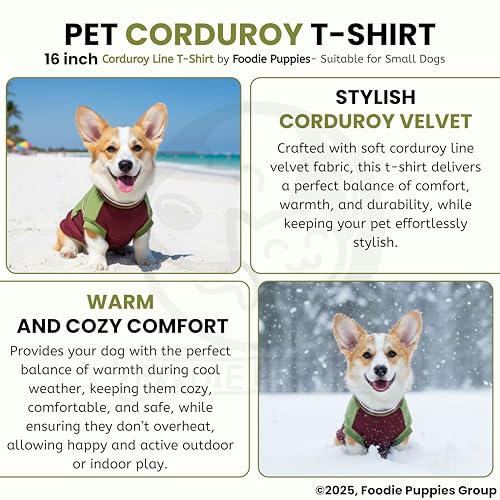 Image of Foodie Puppies Corduroy Line Velvet Pocket T-Shirt Warm Sweater Jacket - (16 inch, Olive & Maroon) for Small Breeds Dogs | Soft, Lightweight Pet Apparel | Stylish, Comfortable, Durable, Stretchable
