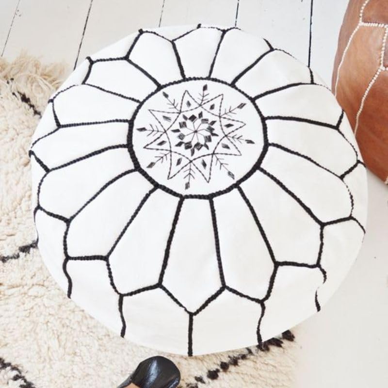 Genuine Leather Moroccan Ottoman Unstuffed Round Pouf - White & Black Color
