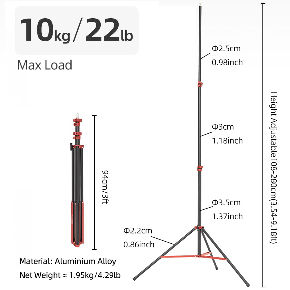 AMBITFUL GM280P Stojak na światło z amortyzacją powietrzną, obciążenie 10 kg, wysokość 108-280 cm, czerwony akcent z klapką na czarnym korpusie do oświetlenia pierścieniowego, aparatu, LED
