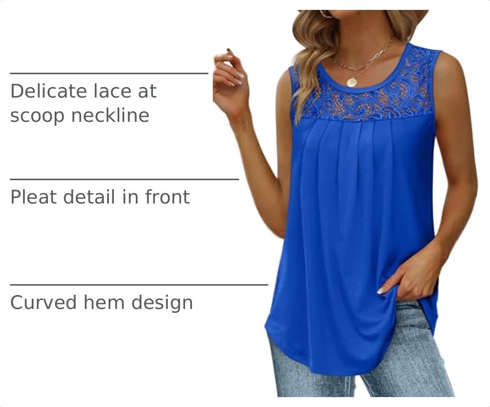 Image of Saloogoe Summer Tank Tops for Women Loose Fit Pleated Tunics Scoop Neck Sleeveless Lace Tops Curved Hem Flowy