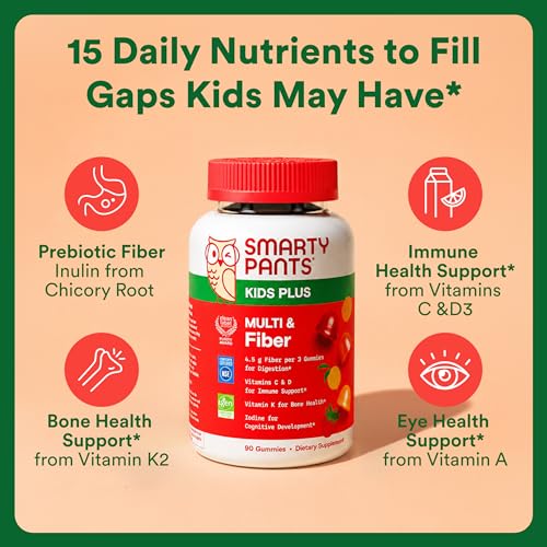Image of SmartyPants Kids Multivitamin&Fiber Gummies: Prebiotic Fiber to Support Kids Digestion with Vitamin D3,C,Vitamin B12,B6,A,Zinc,Biotin,Folate,Three Fruit Flavors, 40 Day Supply, 120 Count (Pack of 12)