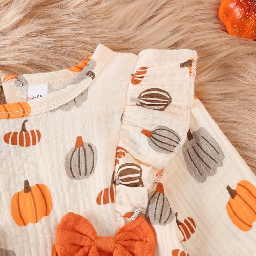Newborn Baby Girl Halloween Outfits Long Puff Sleeve Cotton Linen Romper Pumpkin Jumpsuit Fall Thanksgiving Clothes4
