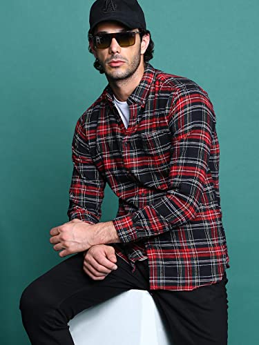 Image of THE BEAR HOUSE Men's Cotton Black & Red Checks Slim Fit Shirt | L |TBH-Anglo-BK-L |
