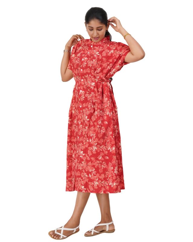 Image of Women's Cotton Full Front Open Dress | Mandarin Collar Button-Down | Darted Waist with Multi Tie-Up | Calf Length | Maternity, Feeding, Elderly & Hospital Wear | Sizes L-3XL