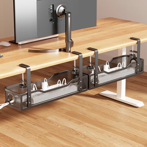 Image of [Upgraded] 2 Pack Under Desk Cable Management Tray, Cinati Cord Organizers for Table Thickness up to 3 inch, 16 inch Wire Organization with Clamp No Drill, Cable Management Box for Office - No Damage to Desk