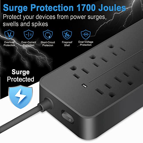Extensión eléctrica Romatico Black-08 con protector de sobretensión, 12 tomas y 4 puertos USB, cable trenzado de 1.22 m con enchufe plano miniatura 3