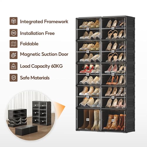Image of Vipbox Shoe Rack Organizer Cabinet for Closet Entryway,Clear Shoe Storage Boxes Stackable Sneaker Storage with Door Easy Assembly Black Shoe Cabinet with Lids Large 9 Tiers 36 Pairs