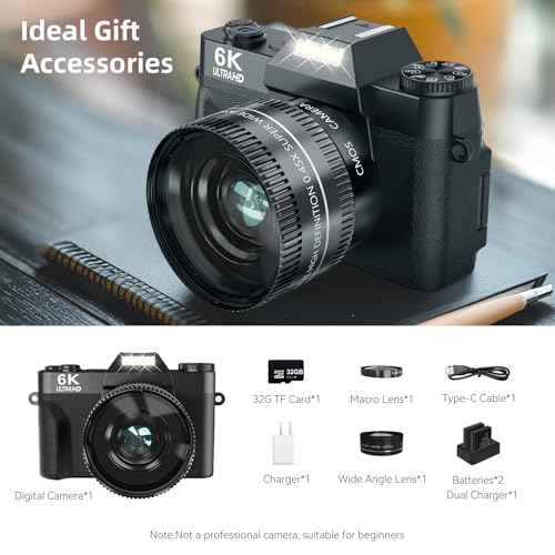 Image of VJIANGER 2025 Upgrade 6K Digital Camera for Photography 64MP Vlogging Camera for YouTube with WiFi, 180Flip Screen, 16X Digital Zoom, 52mm Lens, 32GB Micro SD Card, 2 Batteries(Black)