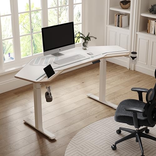 Image of EUREKA ERGONOMIC Standing Desk, 72 inch Electric Adjustable Height Desk,Wing Shaped Computer Desk Large Music Studio Table, Dual Motor&Slot, Maple