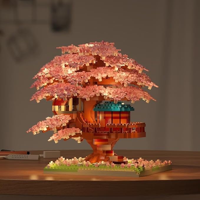 Image of SKY LINE OCEAN Purple Cherry Blossom Tree House Building Set with LED Light (Complex only for 14+), 1113+ PCS Japanese Sakura Mini Blocks, Kawaii Home Decor Gift Ages 14+, 5-Year Warranty