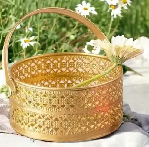 Next in Crafts Metal Round Flower Basket with Handle Best for Puja Dining Table and Home Decoration Fruit Basket(Gold)