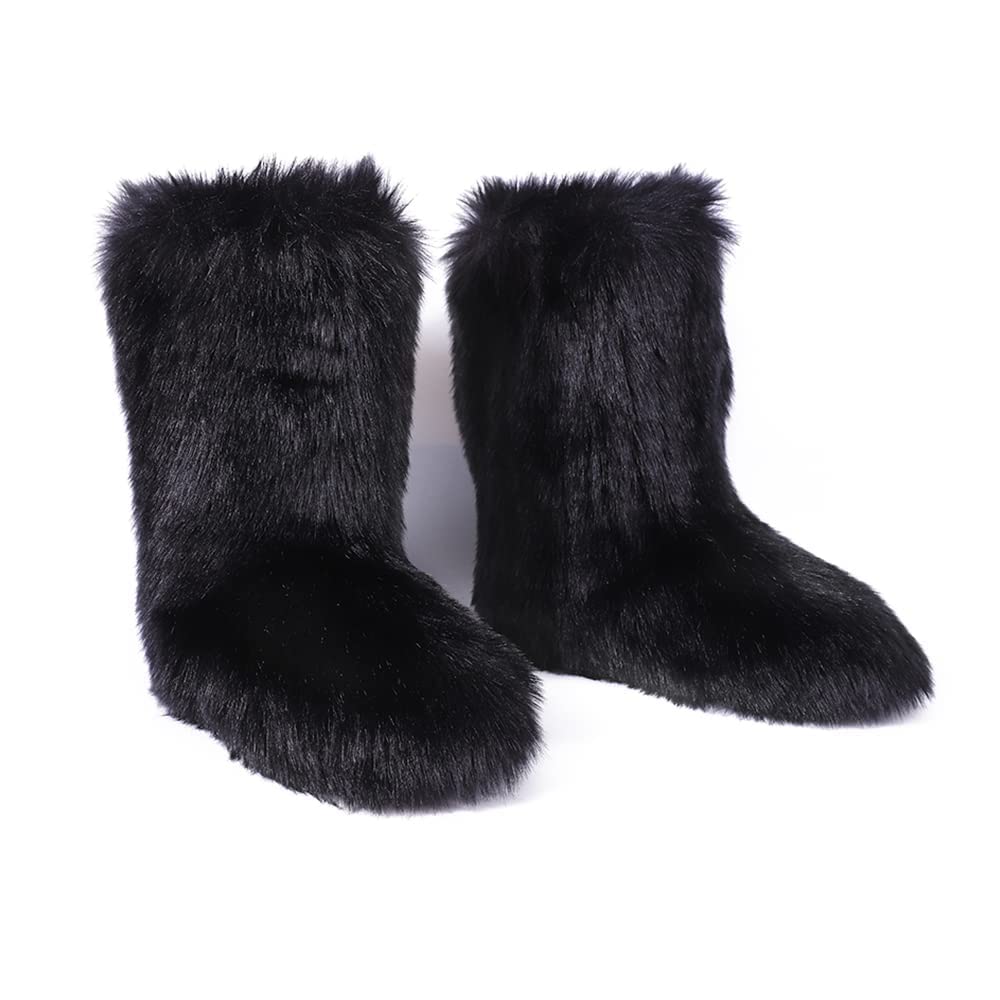 Fluffy Winter Boots With Faux Fur - Warm Snow Boots For Cold Weather