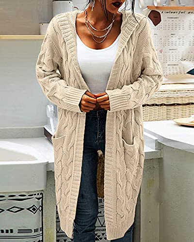 Women Hooded Open Front Cardigan Cable Knit Sweaters Solid Color Chunky Long Sweater Coats3