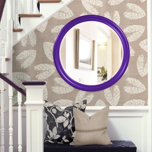 Image of Howard Elliott Collection George Round Glossy Royal Purple Wall Mirror, Bevelled Vintage Hanging Wood Framed Vanity Mirrors for Home Decor, Living Room, Bathroom, Bedroom, or Hallway, 36 Inch Round