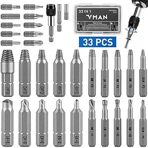 VMAN 33PCS Damaged Screw Extractor Set Stripped Screw Extractor Set for Broken Bolt, Screw Extractor Remover Tool with Socket Extension Bit, Easily Remove All-Purpose Broken Bolt, Stripped Screws Cover