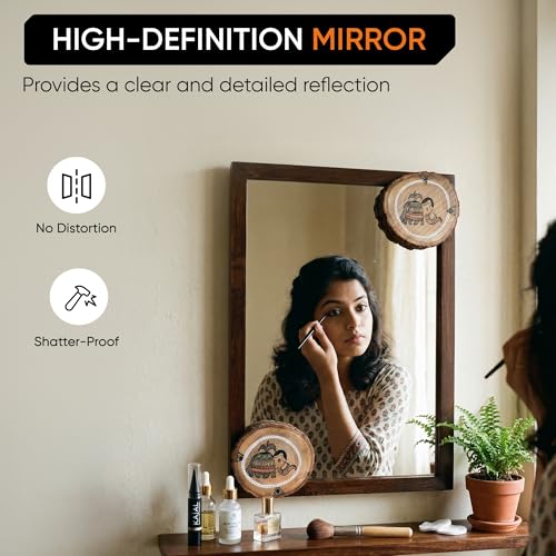 Image of AAKRITI ART CREATIONS Wooden Wall Mirror with Madhubani Painted Round Wooden Tiles