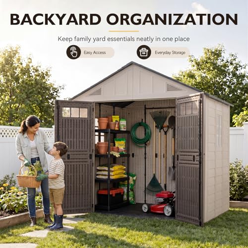 Image of Aoxun 8x8 Ft Outdoor Storage Shed with Floor, Large Resin Outdoor Shed with Lockable Door & Windows, Garden HDPE Sheds for Lawn Tools, Pool Supplies & Bikes