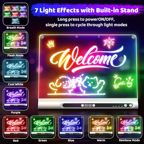 Image of Geokay 16 inch Rechargeable LED Drawing Board, 9-Color Light Modes with Timer & Built-in Stand, Neon Glow Up Dry Erase Doodle Note Pad, Sketching Gift Toy for Kids /Girls /Teens, 6 Markers & Tracing Book