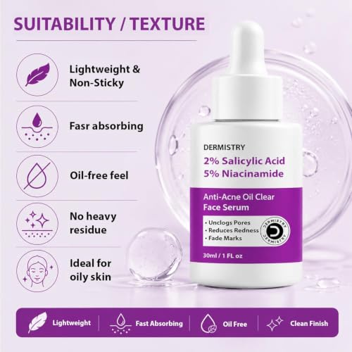 Image of Dermistry 2% Salicylic Acid 5% Niacinamide Anti Acne Oil Clear Face Serum for Oil Control Acne Marks Pimples Exfoliating Open Pores Suits Oily Acne Prone Skin for Men Women Boys Girls 30ml