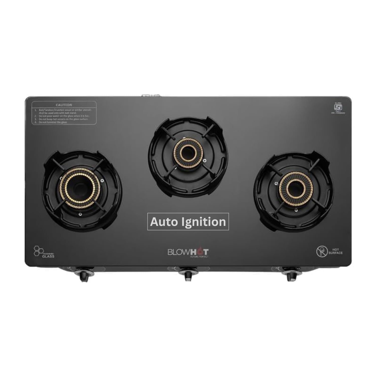 BLOWHOT Premium Design Emerald 3 Burners Auto Ignition Gas Stove (ISI Certified) - 2 Year Warranty, Heavy Tornado Brass Burner, Thick Toughened Glass Top, LPG Compatible Cooktop for Modular Kitchen