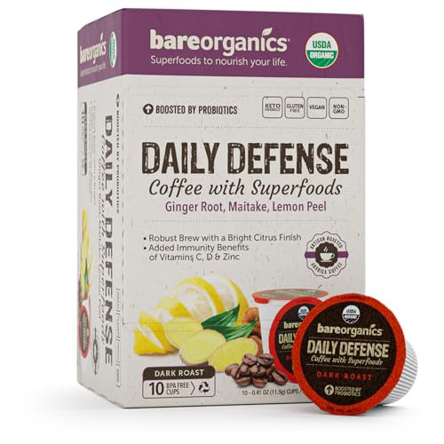 Daily Defense Organic Coffee Pods – Coffee with Maitake, Ginger Root, Lemon Peel & Superfoods – Healthy Mold Free Probiotic beverage, Vegan, Gluten Free - 10 Recyclable Single Serve K-Cups